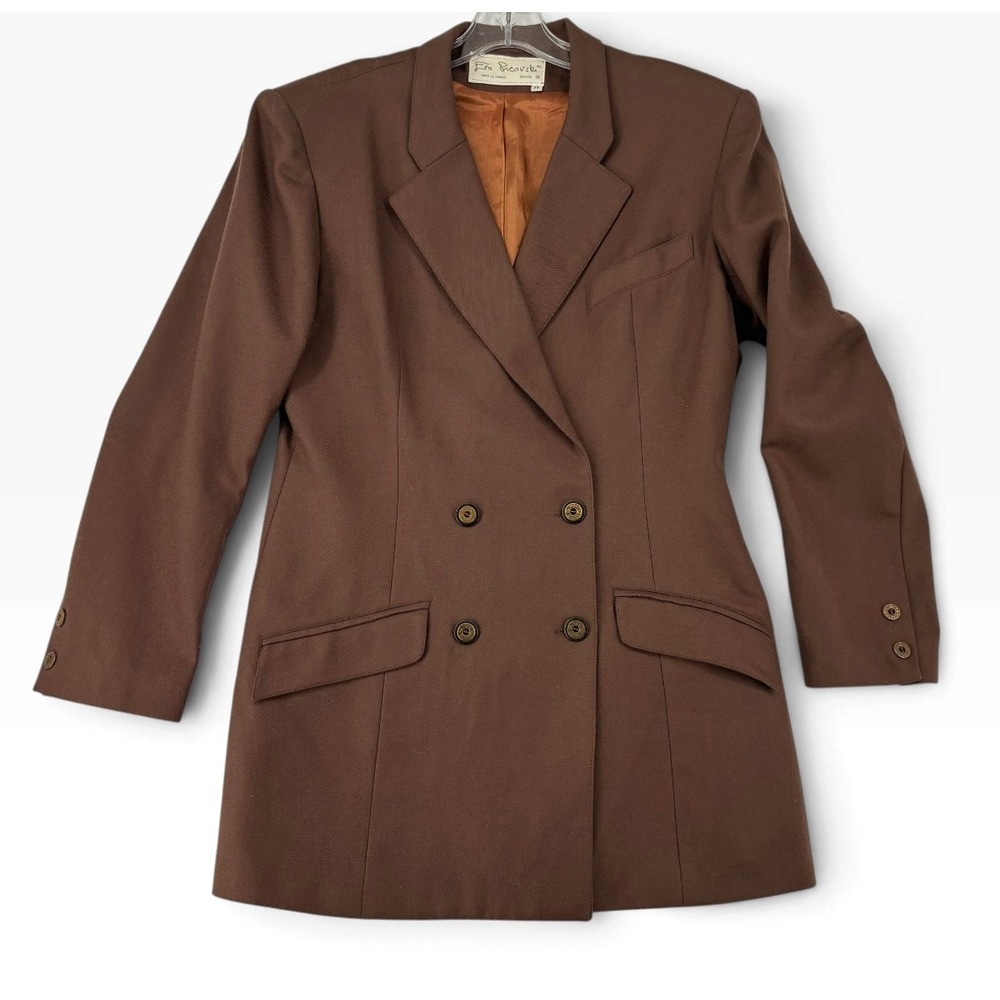 Vintage 90s Minimalist Blazer Women Small Brown Double Breasted Jacket France